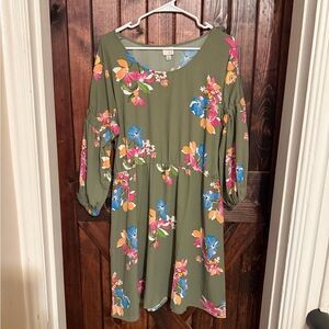 A New Day Olive Dress with Floral Design